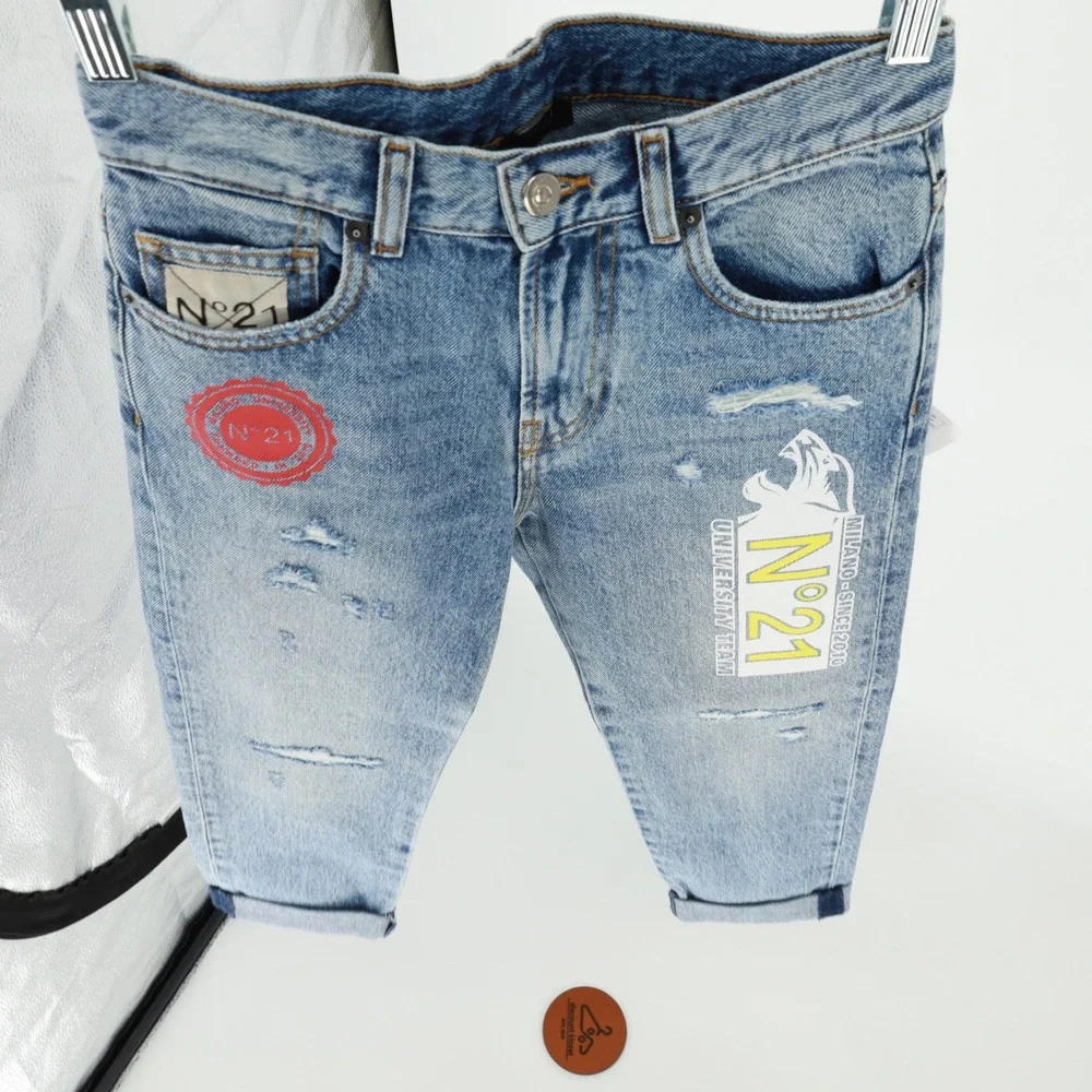 N21 Kids Distressed Graphic Denim Jeans Blue Light Wash N21544 Size 10Y Designer